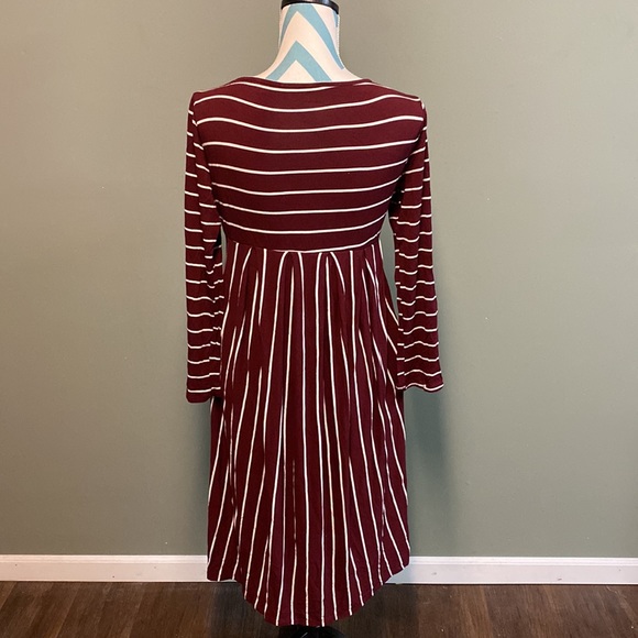 Woman's size large Maroon and white striped midi dress. Empire waist. - Picture 3 of 5